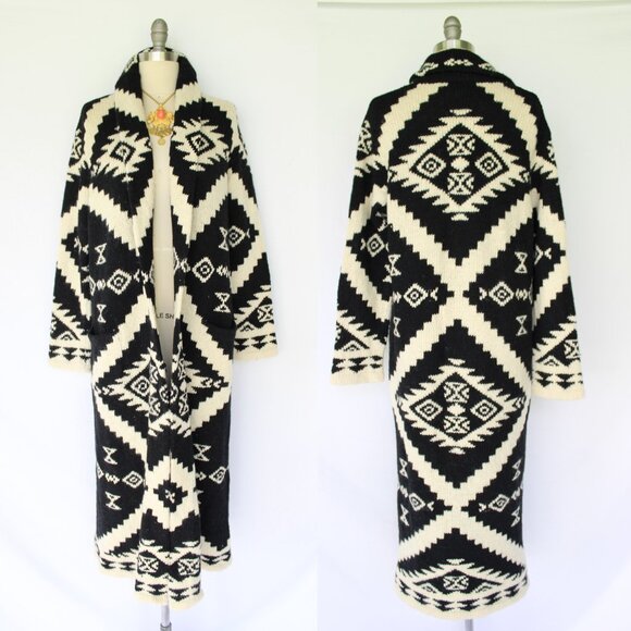 RALPH LAUREN Hand Knit tribal Aztec wool Duster long cardigan sweater coat M - Picture 1 of 10